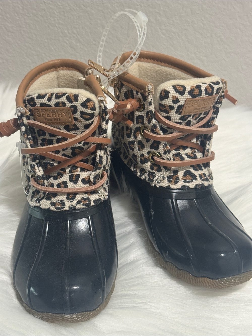 Sperry Girls Leopard Print Waterproof Rain Boots - Black/Brown/Tan